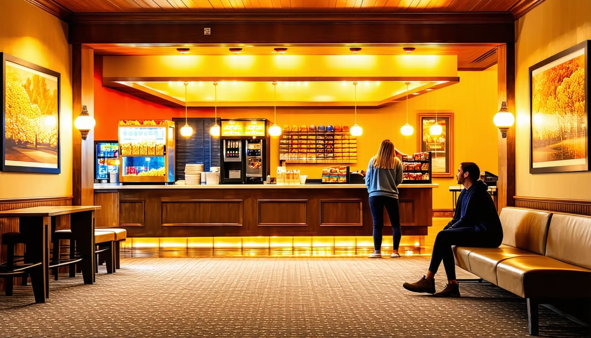 売店とソファのある、映画館のロビー